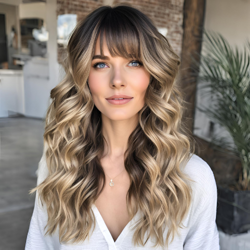 Beach Waves with Long Layers and Side Bangs