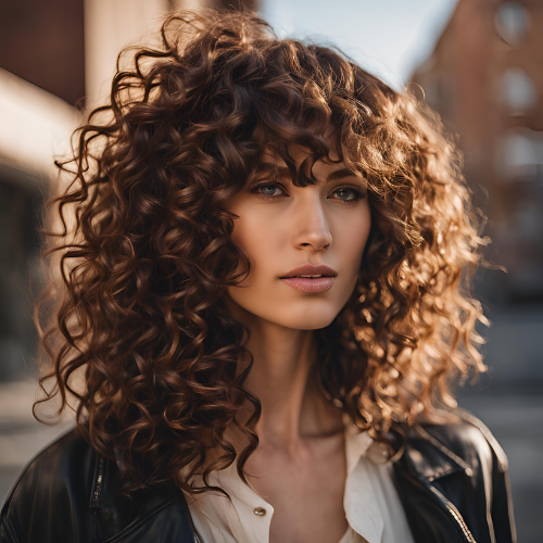 Layered Curls with Curly Bangs