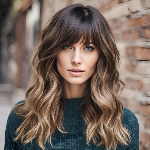 Layered Waves with Side Swept Long Bangs